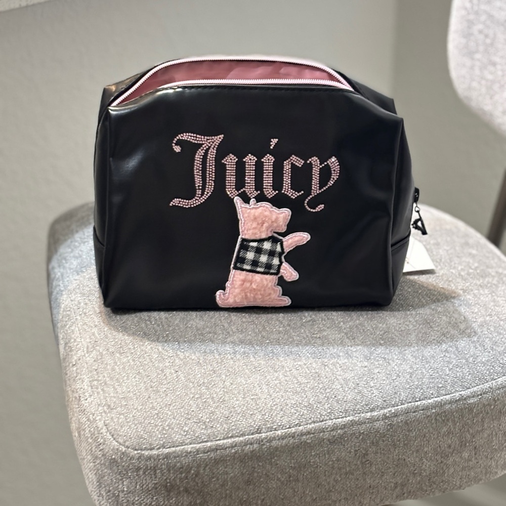 Juicy Couture Y2K Faux Leather Cosmetic Travel Bag with Pink Accents